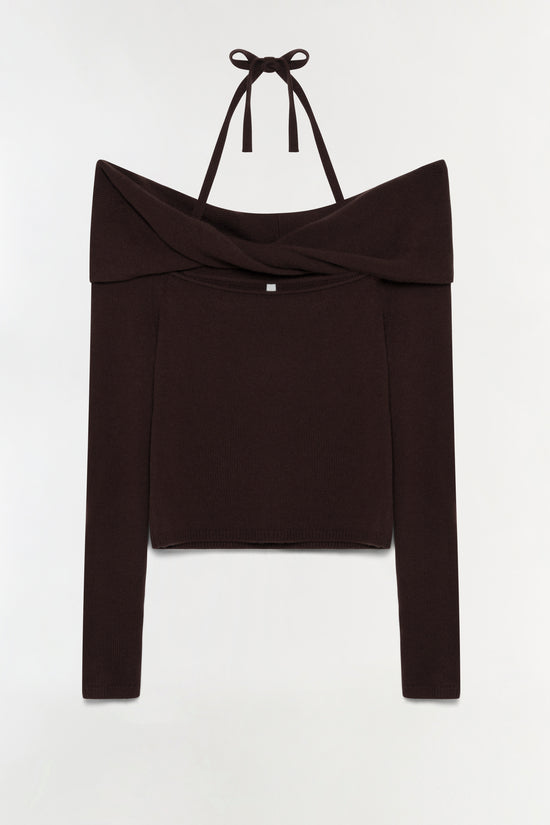 Black ribbed knit top with off-shoulder neckline, twisted front detail, and halter-style tie straps.