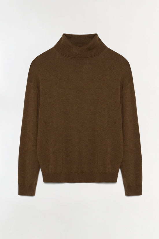 Brown merino wool turtleneck sweater with long sleeves displayed on neutral background.