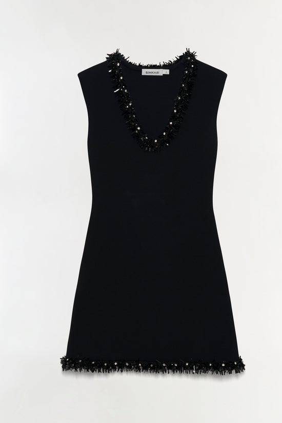 Black sleeveless mini dress with embellished fringe trim around neckline and hem, featuring rhinestone details.