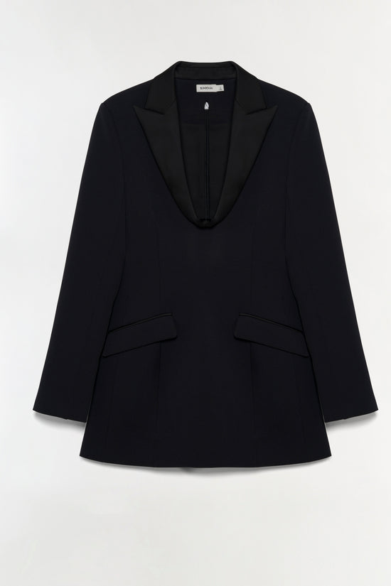 Black blazer mini dress with notched lapels, long sleeves, front zip closure, and patch pockets.