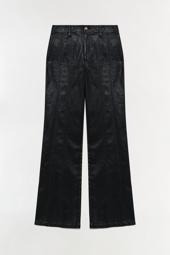 Black coated denim trousers with wide legs, center seam details, and a gold button at waist.