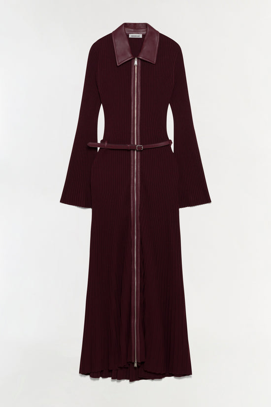 Burgundy ribbed knit midi dress with collared neckline, full-length zipper, and matching leather belt.