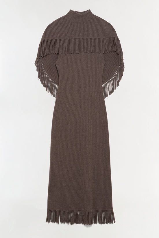 Charcoal ribbed knit midi dress with fringe trim on shoulders, sleeves, and hem.