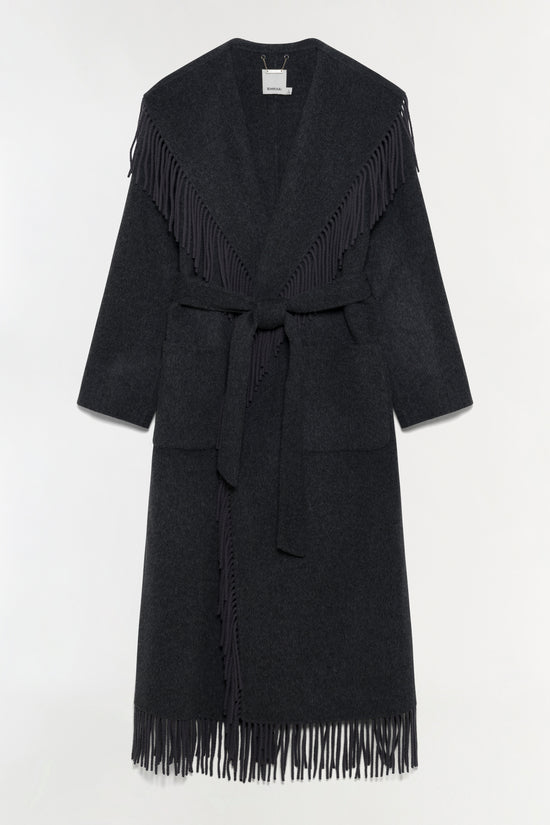 Black wool coat with fringe trim on shoulders and hem, tied waist belt, long sleeves, and open front.