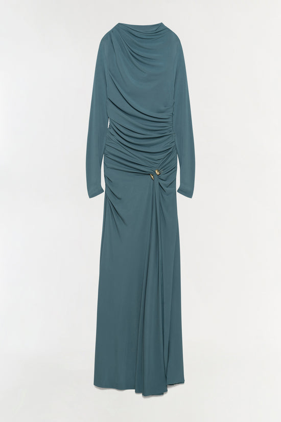 Teal draped jersey gown with long sleeves, cinched waist with gold detail, and floor-length skirt.