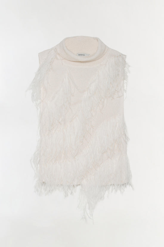 Cream sleeveless top with cowl neckline and feather fringe detailing across the body.
