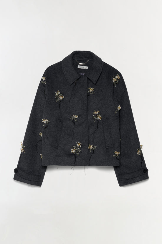 Black wool jacket with gold beaded floral embellishments scattered across front and sleeves, featuring a collared neckline an