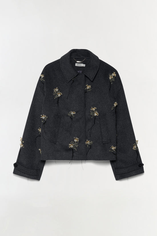 Black wool jacket with gold beaded floral embellishments scattered across front and sleeves, featuring a collared neckline an