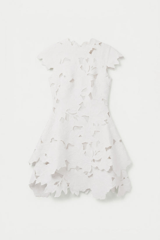 White mini dress with short sleeves and all-over cutout leaf or petal embroidery pattern throughout.