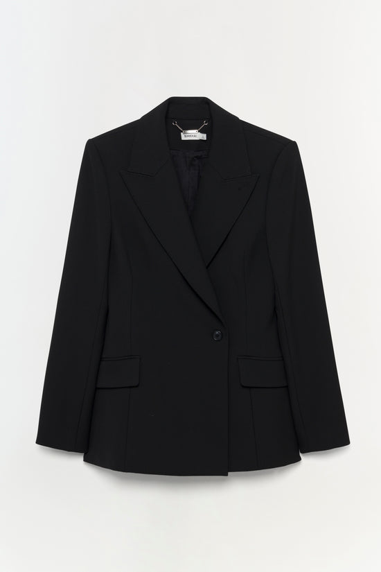 Black oversized blazer with notch lapels, single-button closure, and patch pockets.