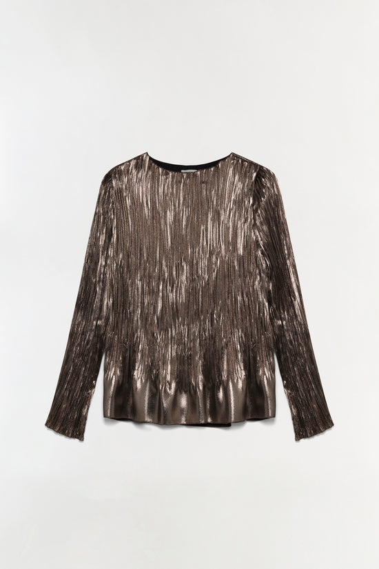 Metallic bronze plisse top with long sleeves and crew neckline, featuring vertical pleated texture throughout.