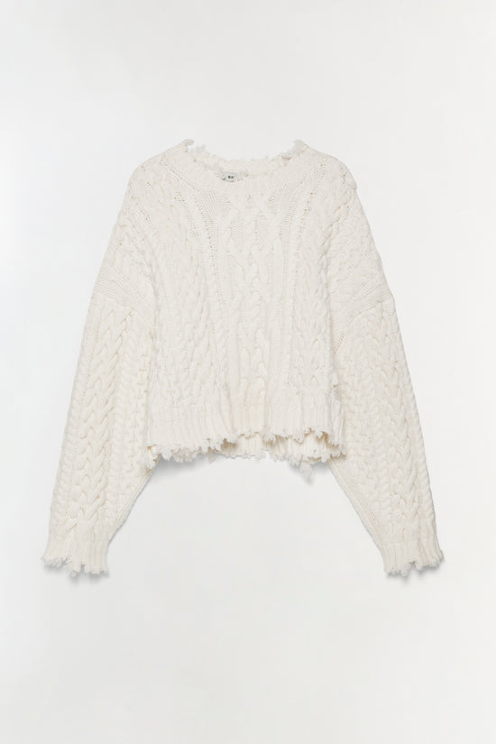 Cream cable knit cropped sweater with distressed edges and crew neckline.