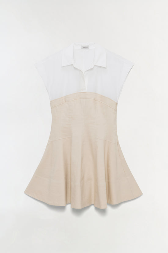 White and beige linen mini dress with collared short sleeves and a flared skirt.