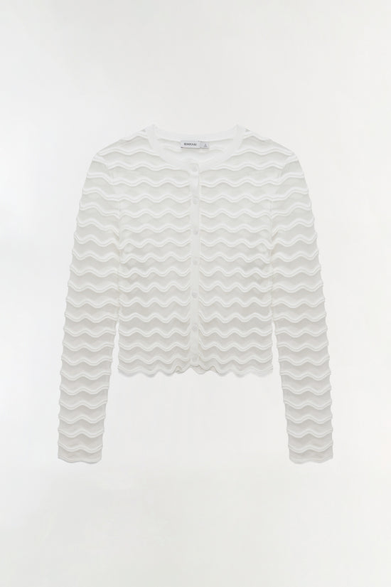 Cream cardigan with wavy knit texture throughout and button front closure.