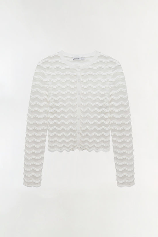 Cream cardigan with wavy knit texture throughout and button front closure.