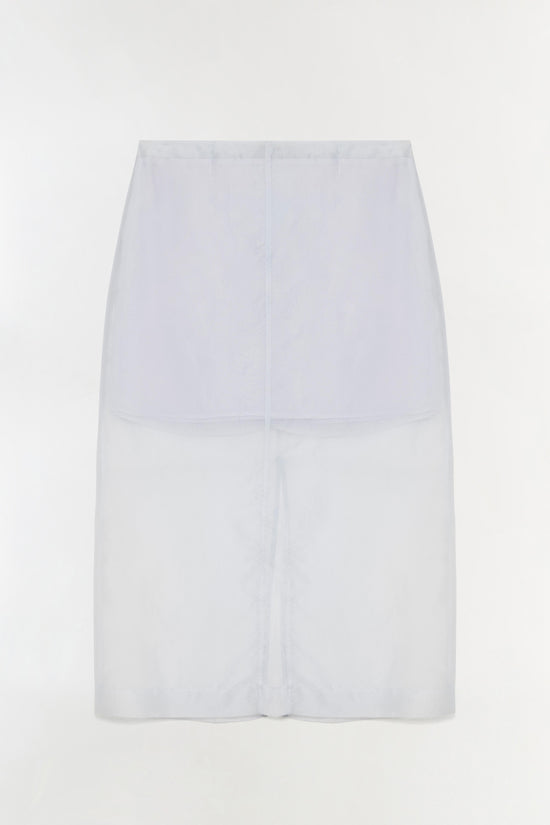 White organza midi skirt with sheer upper section and opaque lower panel on neutral background.