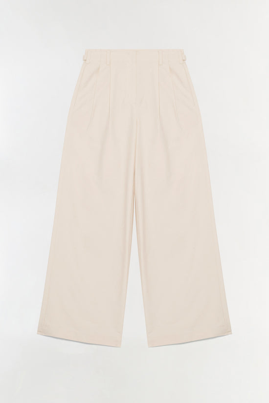 Cream pleated wide-leg pants with front creases and high waist displayed flat on white background.