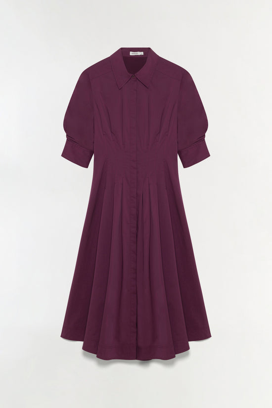 Burgundy midi dress with collared neckline, button front closure, and elbow-length sleeves with rolled cuffs.