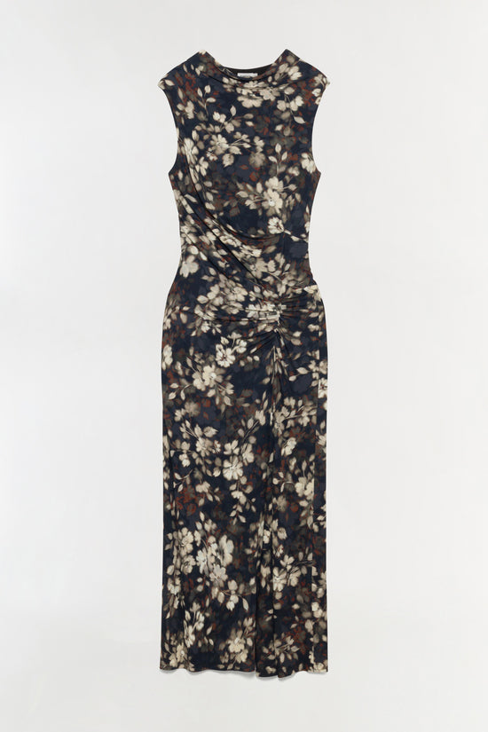 Navy midi dress with cream and brown floral print, sleeveless with draped waist detail.