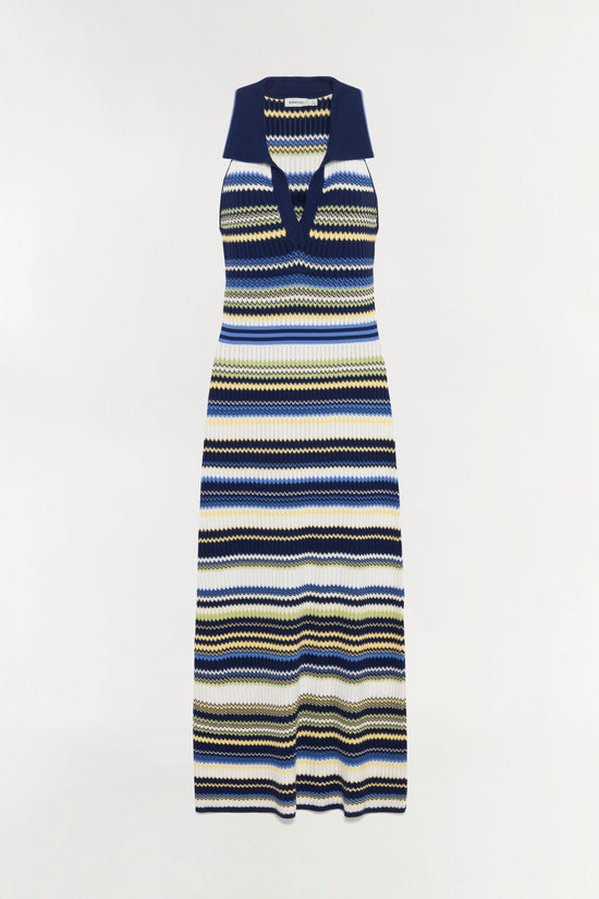 Navy knit midi dress with yellow, blue, and cream horizontal striped pattern and short sleeves.