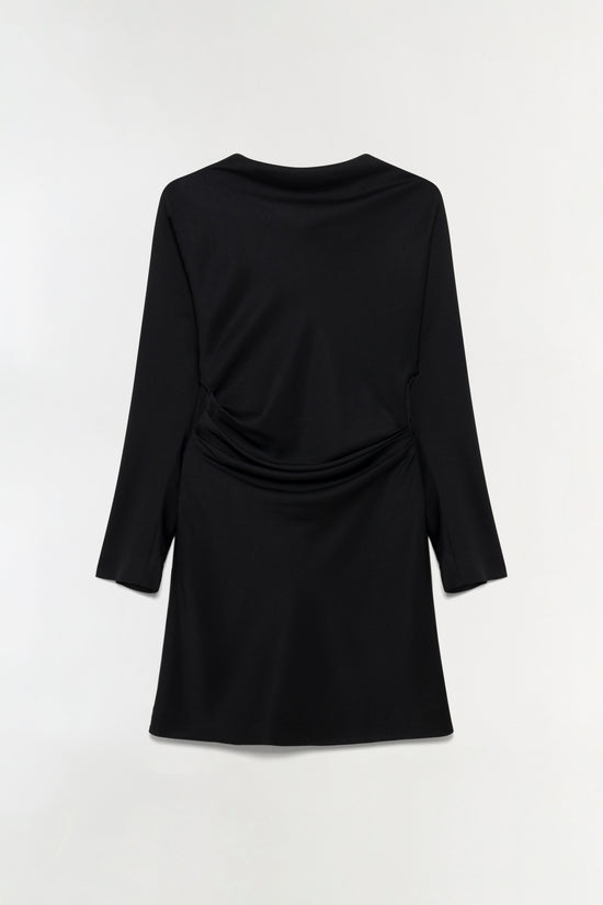 Black satin mini dress with long sleeves, rounded neckline, and ruched side detail at waist.