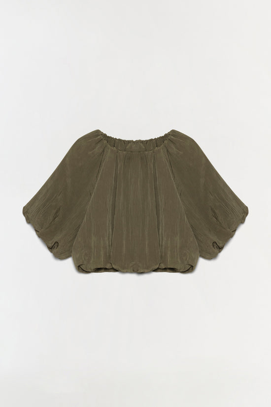 Olive-green cropped top with voluminous puffed sleeves and elasticated neckline.