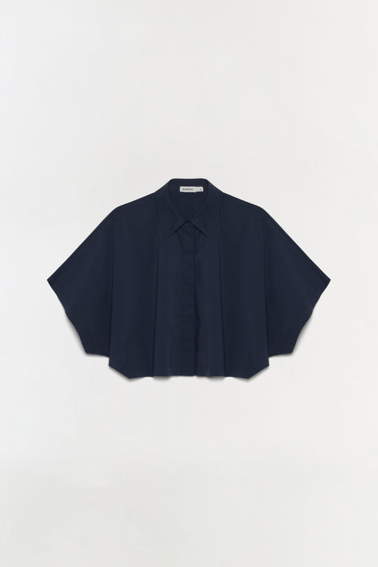 Dark navy cotton shirt with short voluminous sleeves, pointed collar, and button front closure.
