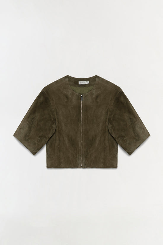 Olive green suede jacket with short sleeves, crew neckline, and front zip closure.
