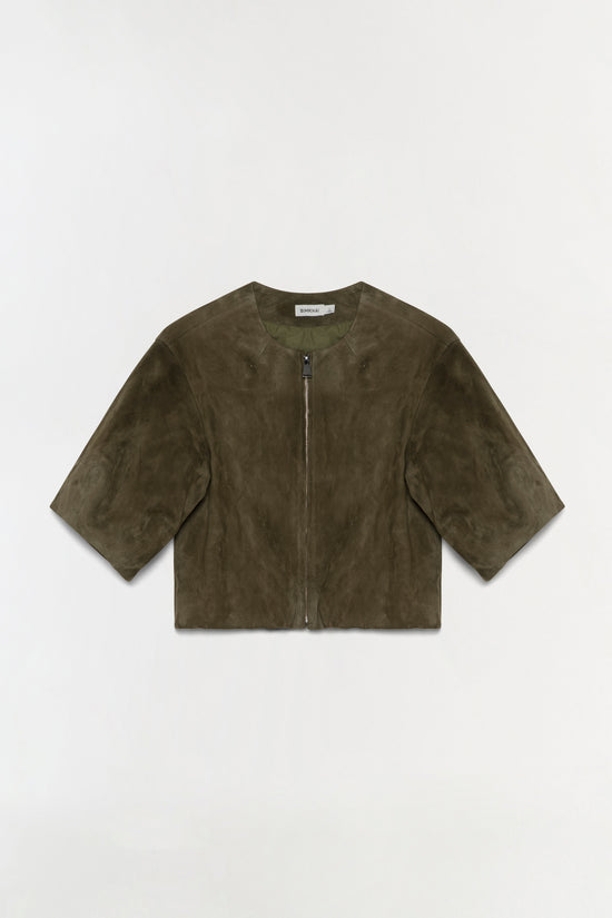 Olive green suede jacket with short sleeves, crew neckline, and front zip closure.