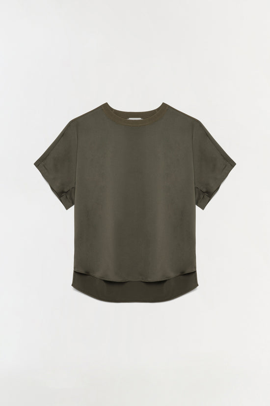 Olive green short-sleeve tee with crew neckline and layered satin hem detail at bottom.