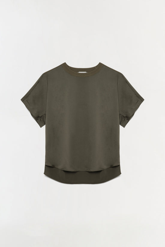 Olive green short-sleeve tee with crew neckline and layered satin hem detail at bottom.