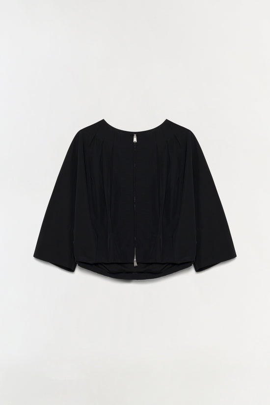 Black pleated cotton jacket with three-quarter sleeves and back zip closure.