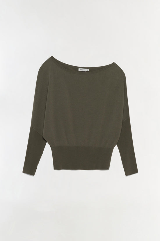 Olive green knit sweater with off-shoulder neckline and long sleeves.