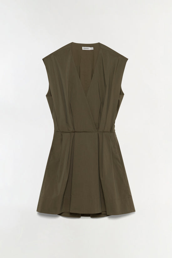Olive-brown sleeveless wrap mini dress with V-neckline and cinched waist on neutral background.