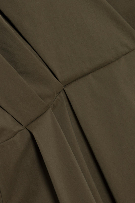 Olive green cotton mini dress with gathered pleats at the waist and center front.