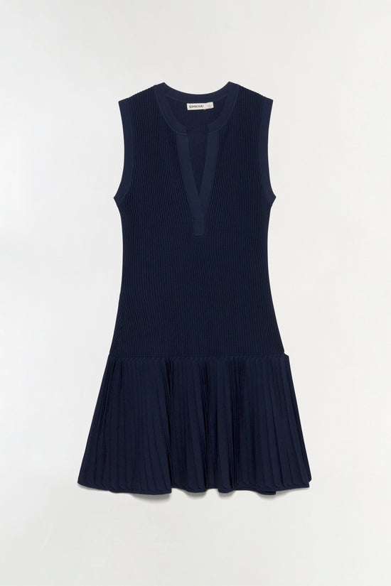 Navy ribbed knit mini dress with sleeveless cut, keyhole neckline, and pleated drop hem.