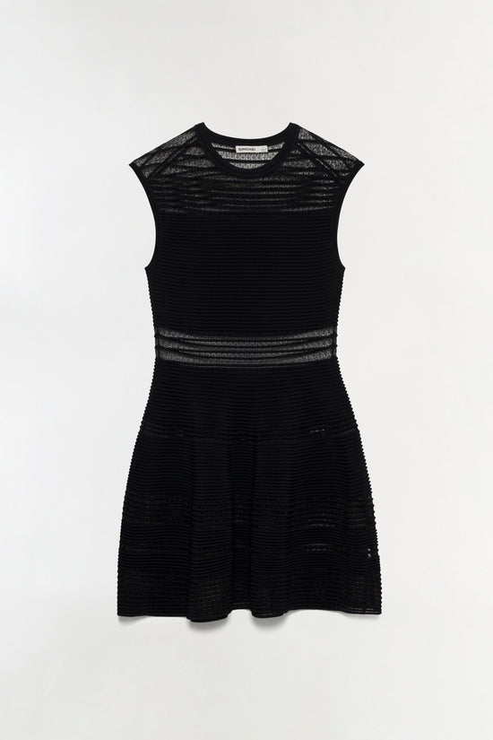 Black sleeveless knit mini dress with horizontal ribbed texture and sheer striped panels at shoulders and waist.