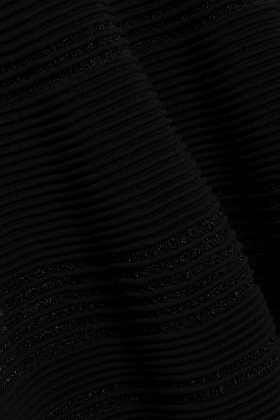 Black knit mini dress with horizontal stripes and sparkle detailing throughout the fabric.