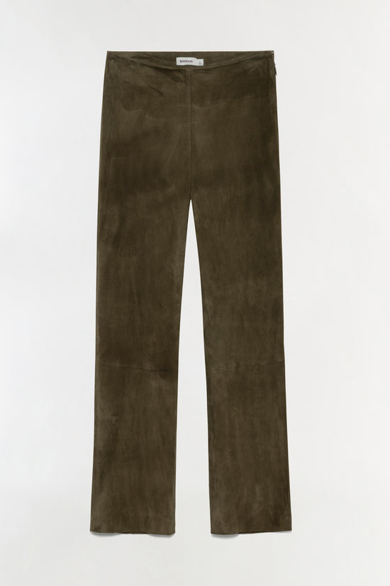 Olive green suede cropped pants with straight legs and center seam detail.