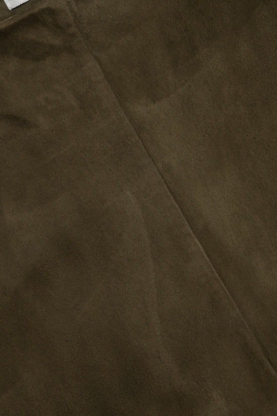 Olive green suede fabric with a center seam, shown flat lay detail.