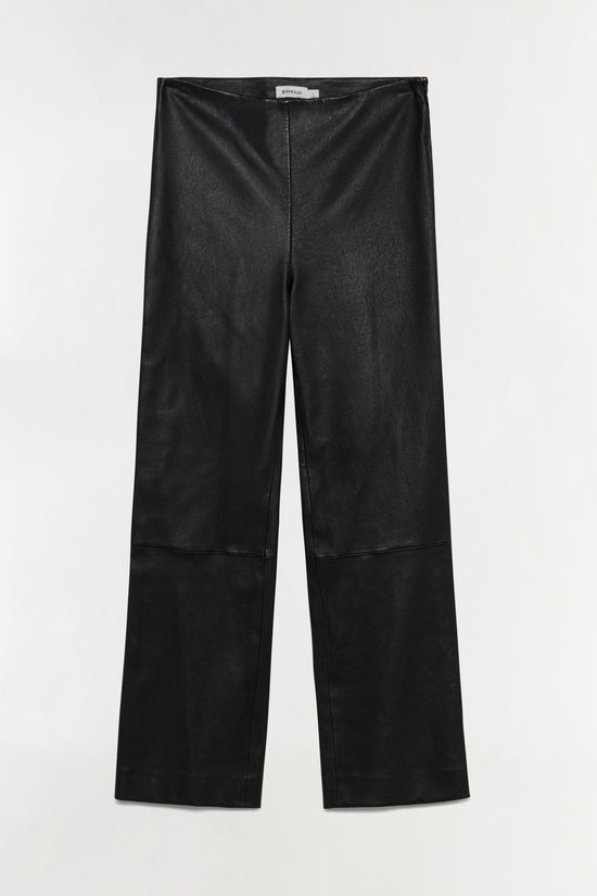 Black leather cropped pants with wide legs and a horizontal seam at the knee, displayed flat on a light background.