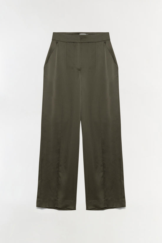Olive green wide-leg satin pant with high waist and side pockets.