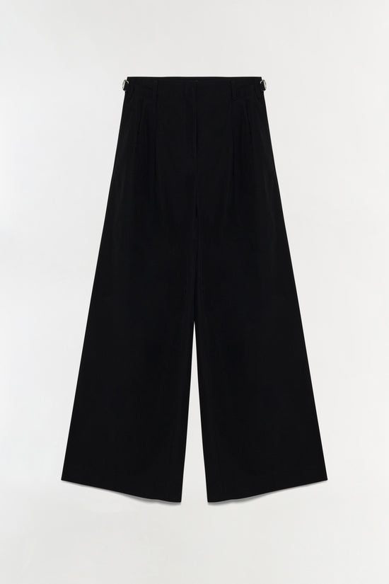 Black pleated wide-leg trousers with a high waist and center front seam, displayed flat against a neutral background.