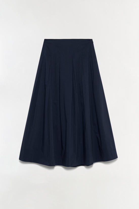Navy pleated midi skirt with an A-line silhouette and full skirt.
