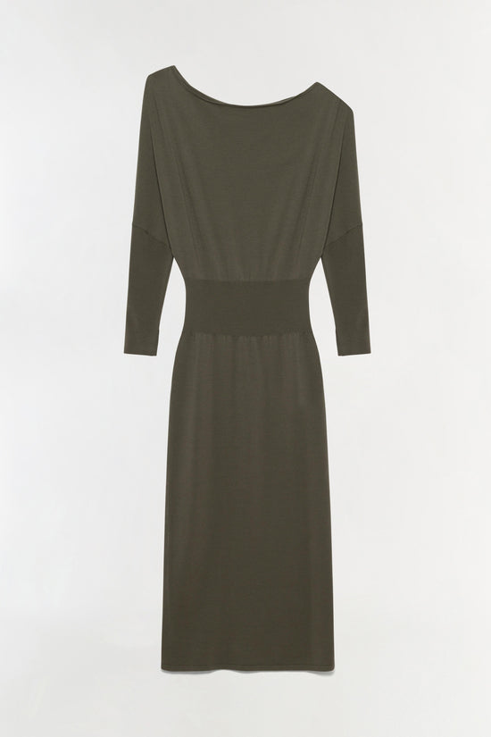 Olive green knit midi dress with off-shoulder neckline, three-quarter sleeves, and fitted waist.