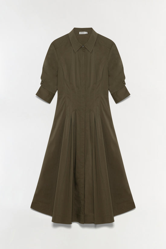 Olive-green midi dress with collared neckline, three-quarter sleeves, and pleated skirt detail.
