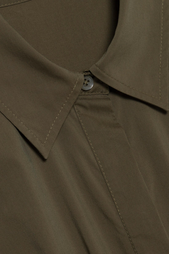 Olive green midi dress with collar and button closure detail.