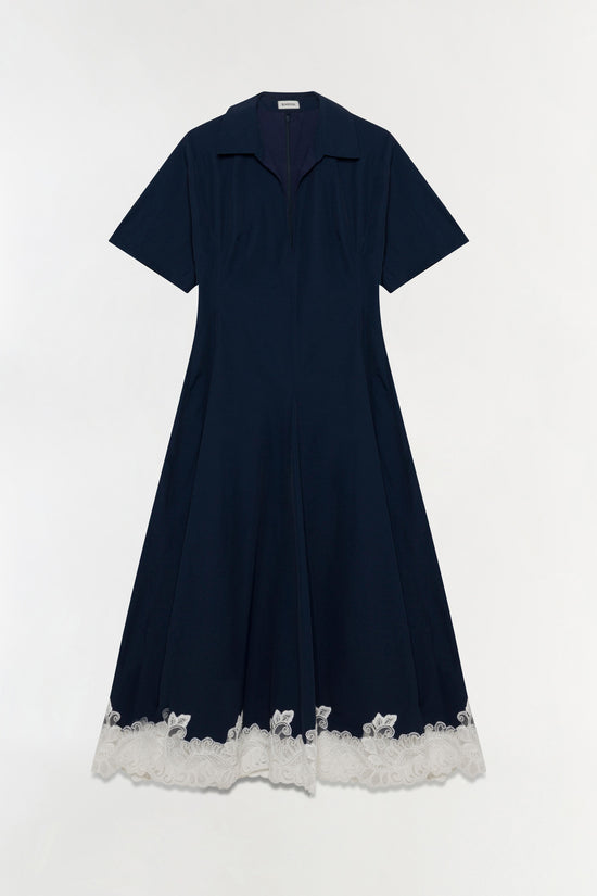 Navy cotton faille midi dress with short sleeves, collar, and white lace trim along the hemline.