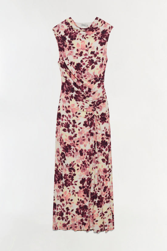 Sleeveless midi dress with burgundy, pink, and cream floral print and ruched side detailing.