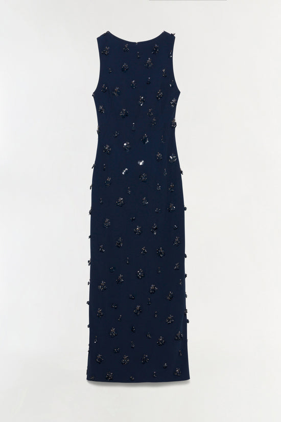 Navy sleeveless crepe midi dress with scattered beaded and sequin embellishments throughout.